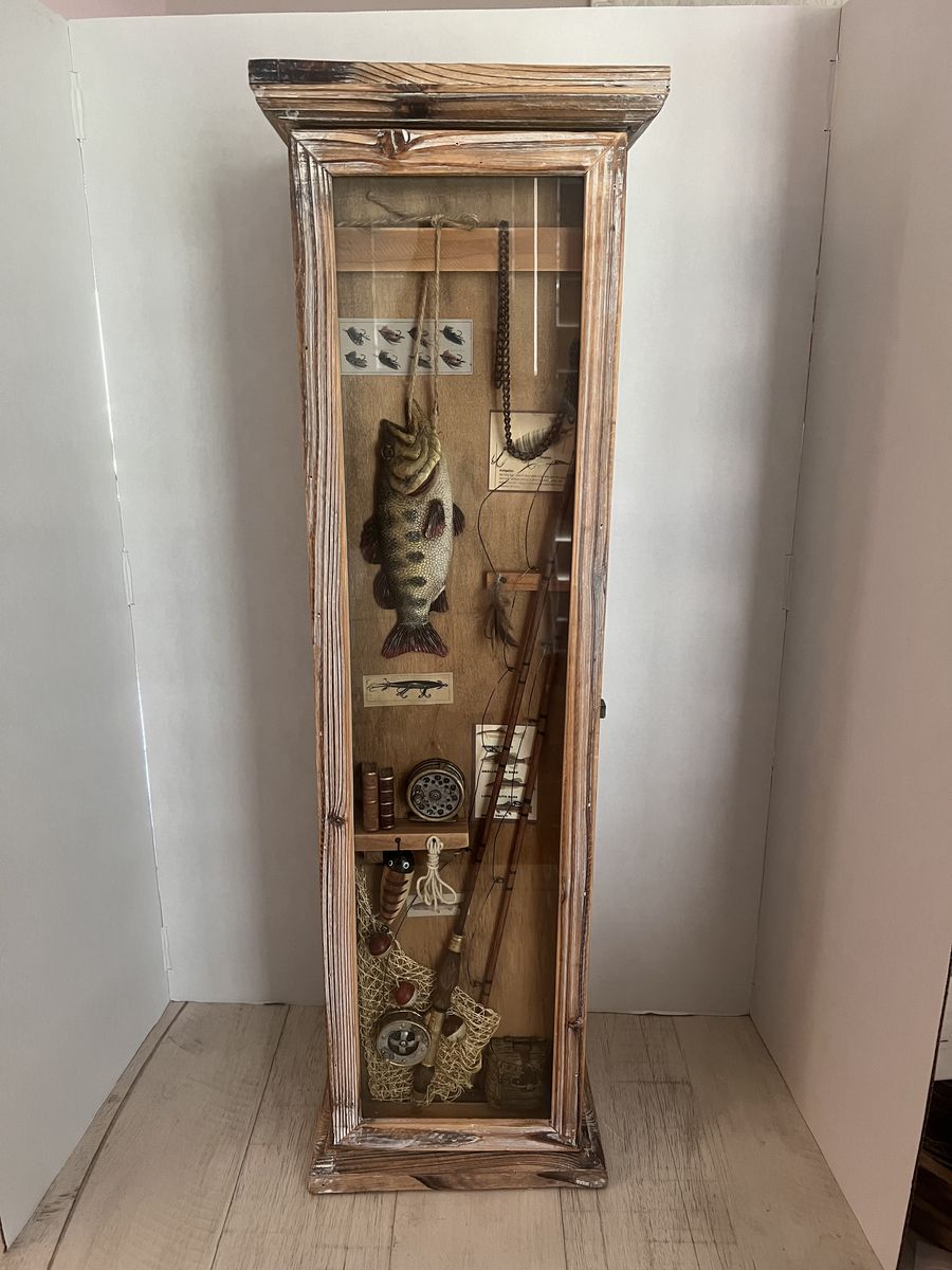 Rustic Wooden Fishing Themed Cabinet Decor Shadow Box