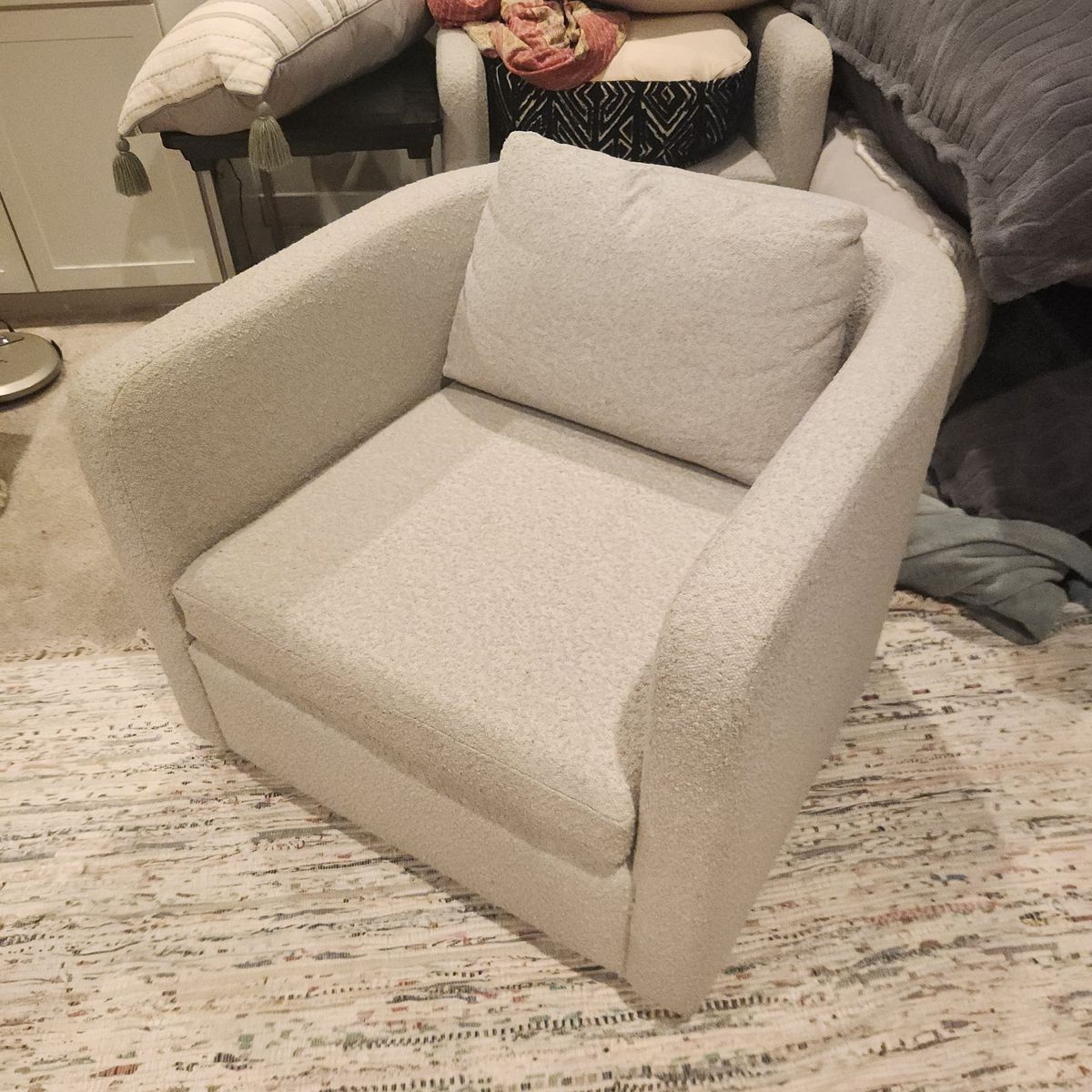 West Elm Modern Cream Bouclé Barrel Accent Chair with Accent Pillow