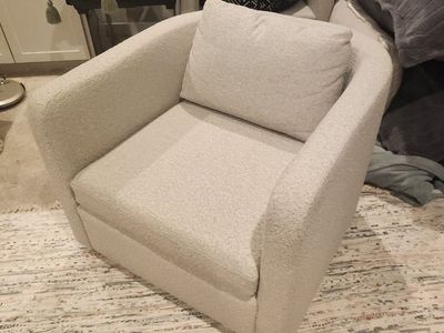 West Elm Modern Cream Bouclé Barrel Accent Chair with Accent Pillow