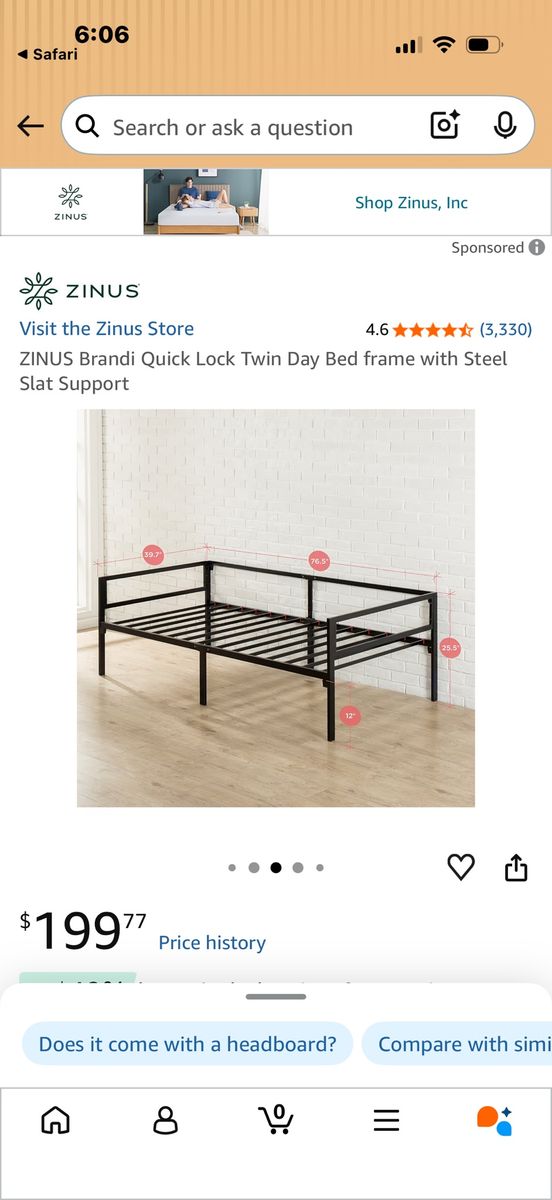 Zinus Brandi Quick Lock Twin Day Bed Frame with Steel Slat Support, Black