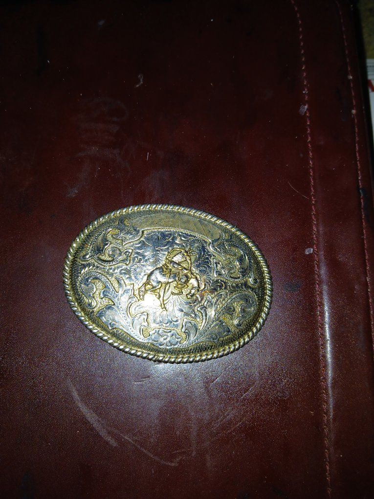 Vintage Western Oval Belt Buckle with Cowboy Bronco Rider Engraving
