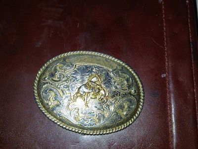 Vintage Western Oval Belt Buckle with Cowboy Bronco Rider Engraving
