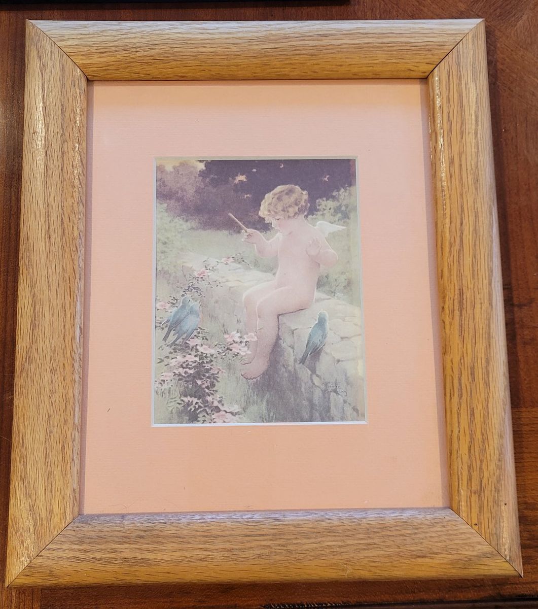 Vintage Framed Print Cherub with Bluebirds Oak Frame Peach Mat 8 by 10 Garden Angel