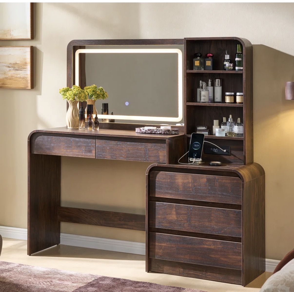 Modern Dark Wood Vanity Dressing Table with Lighted Mirror and Storage