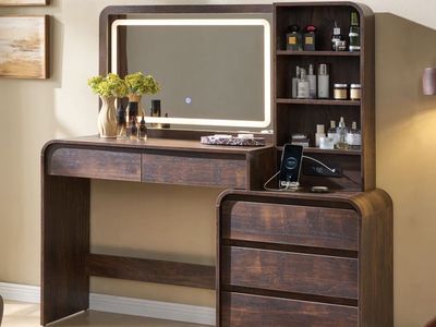 Modern Dark Wood Vanity Dressing Table with Lighted Mirror and Storage