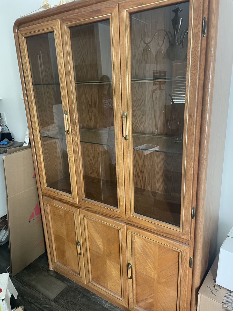 Vintage Oak Wood & Glass Display Cabinet / Curio with Mirrored Backing