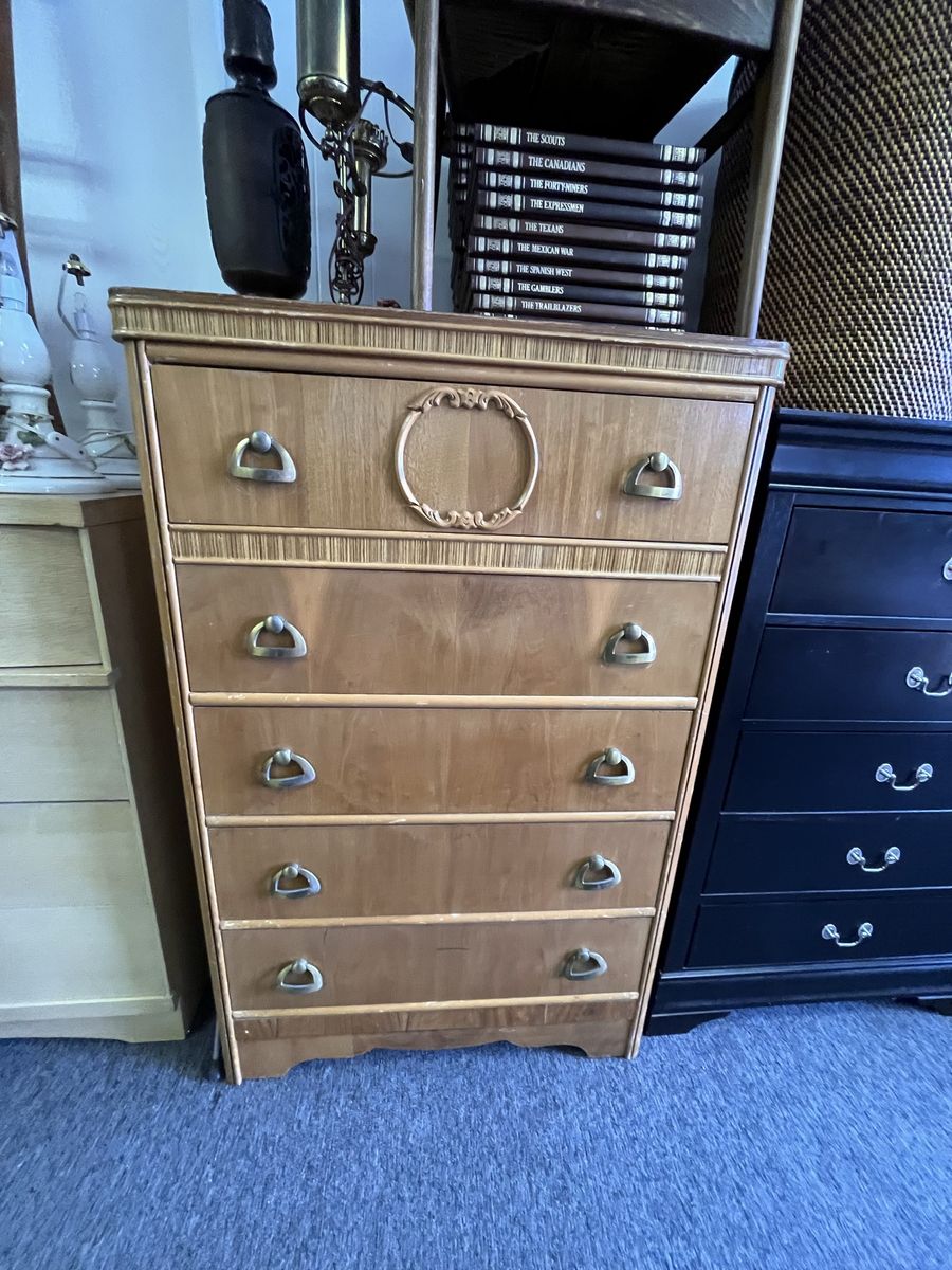 Vintage tall boy dresser 5 drawer blonde