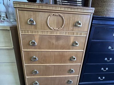 Vintage tall boy dresser 5 drawer blonde