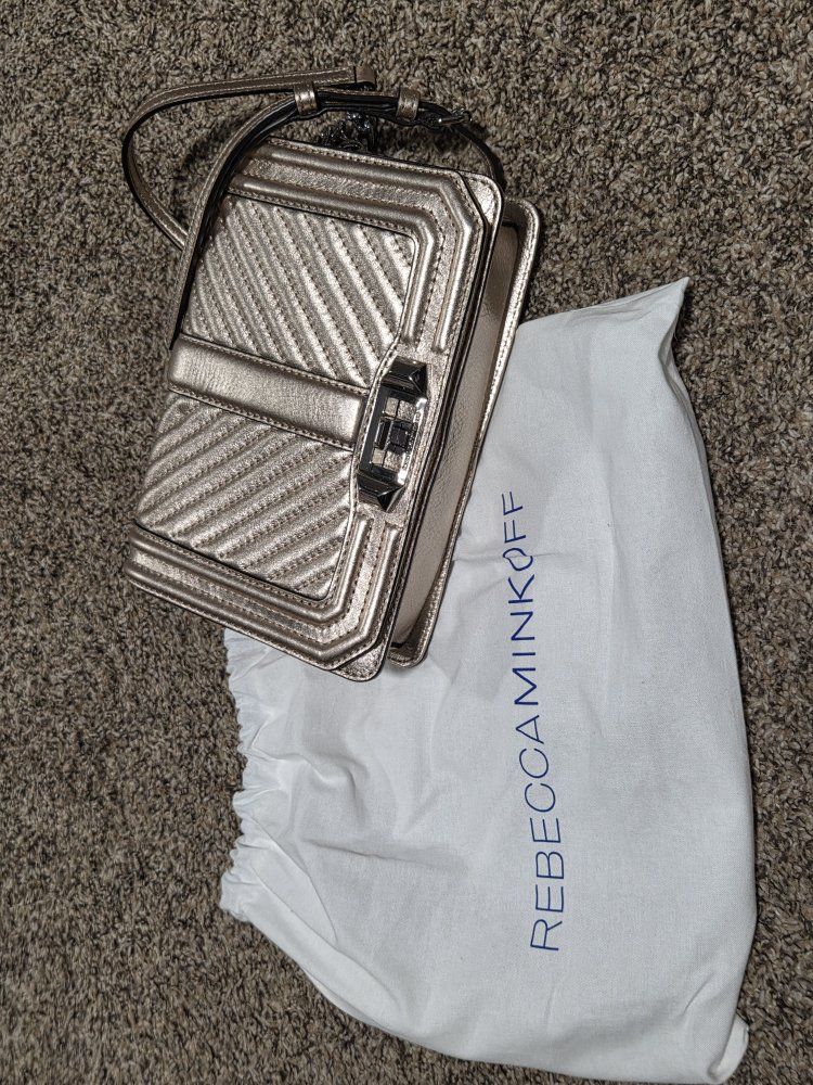 Rebecca Minkoff Chevron Quilted Metallic Gold Crossbody Bag with Dust Bag