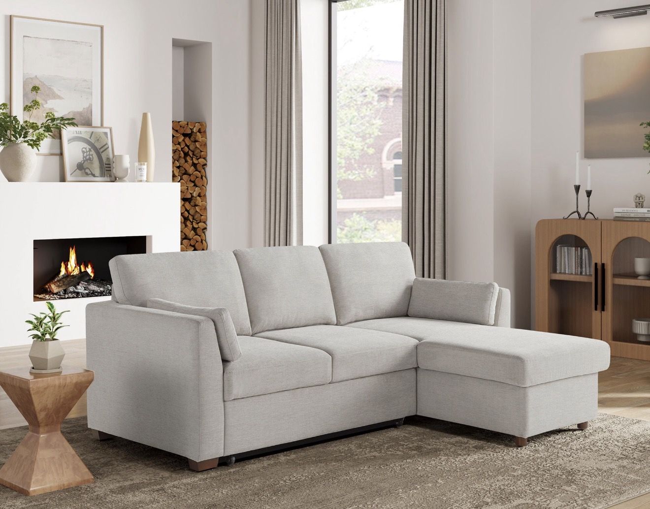 Grey Coddle Luke Fabric Sleeper Sofa with Reversible Chaise and Storage. USB power