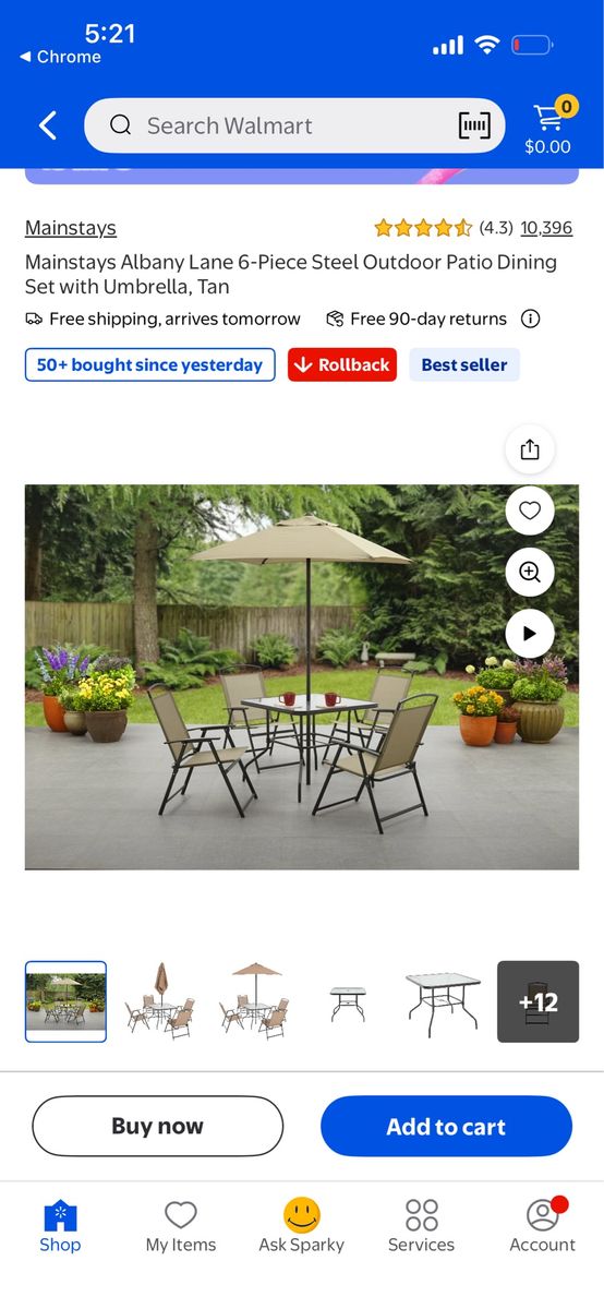 Mainstays Albany Lane 6-Piece Steel Outdoor Patio Dining Set with Umbrella, Tan