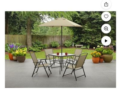 Mainstays Albany Lane 6-Piece Steel Outdoor Patio Dining Set with Umbrella, Tan