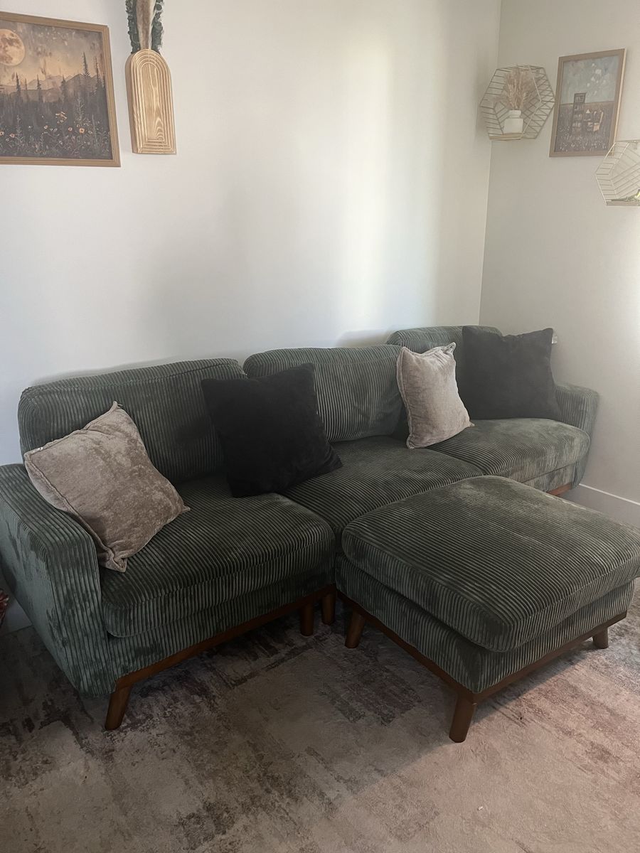 Emerald Green Corduroy Sectional Sofa with Ottoman - Excellent Condition