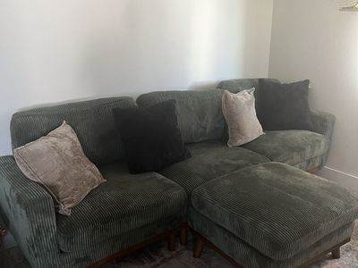 Emerald Green Corduroy Sectional Sofa with Ottoman - Excellent Condition