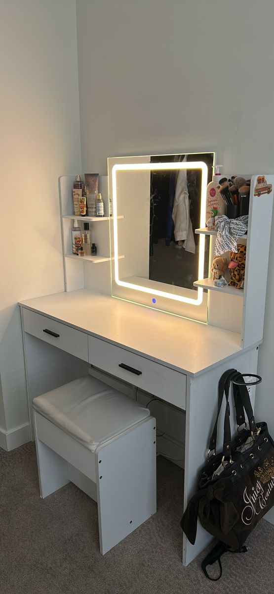White Vanity Desk with LED Light Mirror and Matching Stool