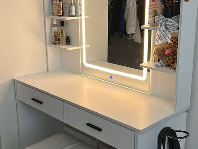 White Vanity Desk with LED Light Mirror and Matching Stool