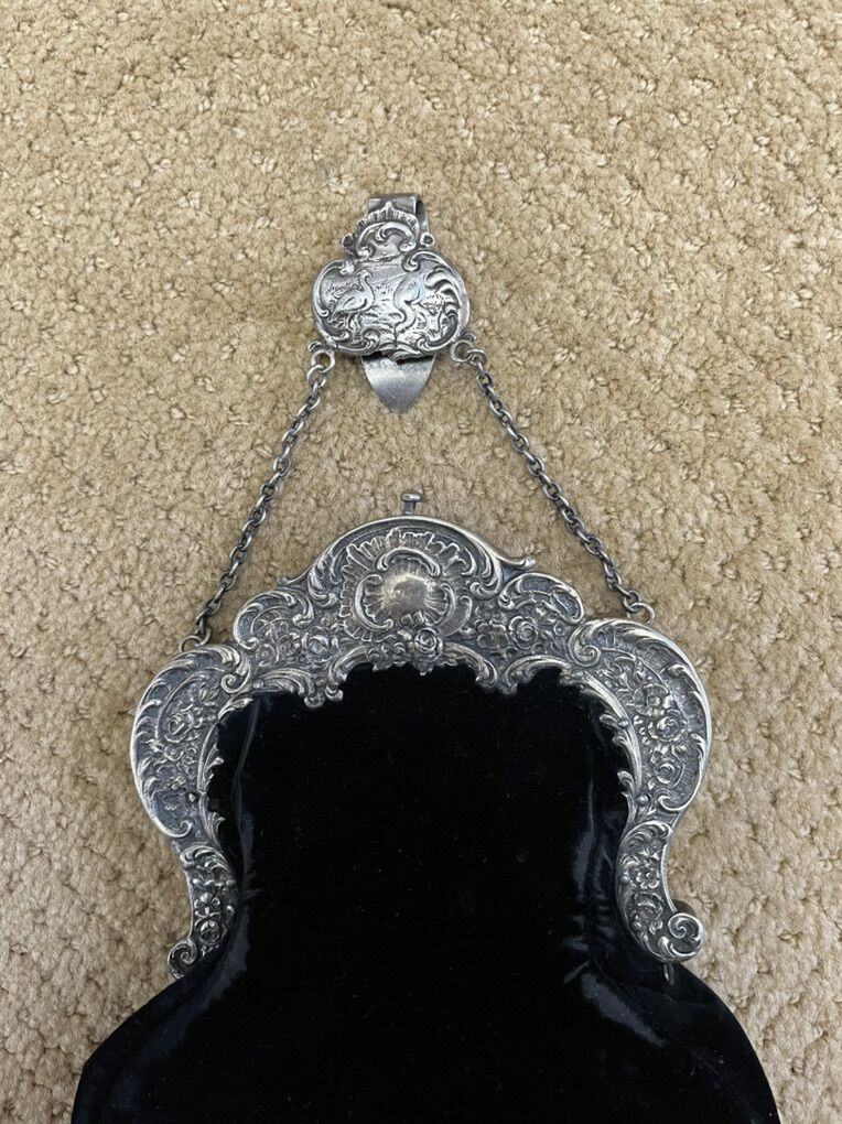 Sterling Silver, Black Velvet Purse/Handbag with Belt Hook-1800's