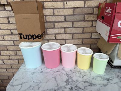 Tupperware Pastel Canister Set of 5 - Round Modular Storage Containers with White Lids