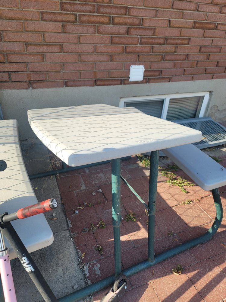Lifetime Portable Folding Picnic Table with Benches - Light Gray Top, Green Frame