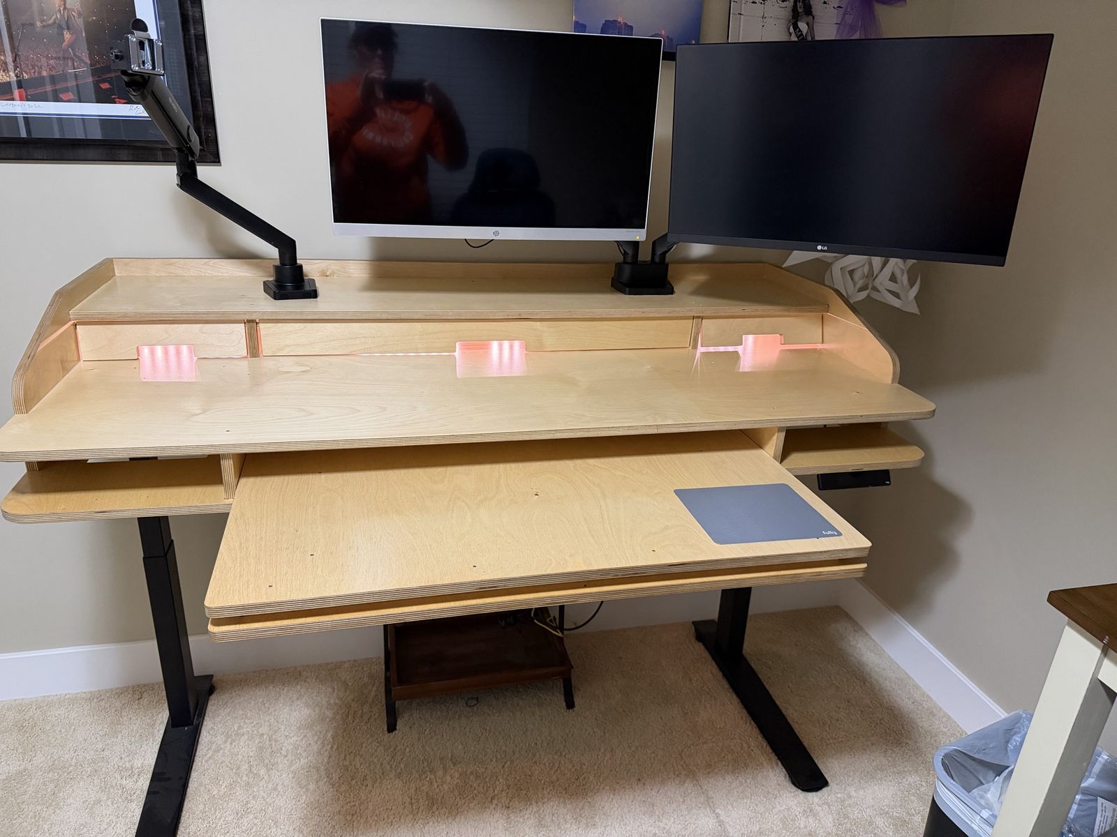 Custom sit/stand desk w/ 2 monitors (arms for 3)