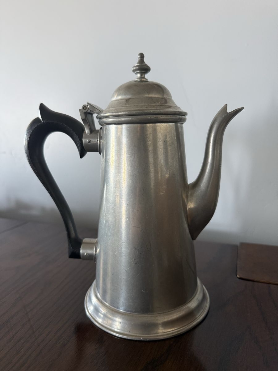 Vintage Pewter Coffee Pot / Tea Pot with Black Wooden Handle - Ornate Lid