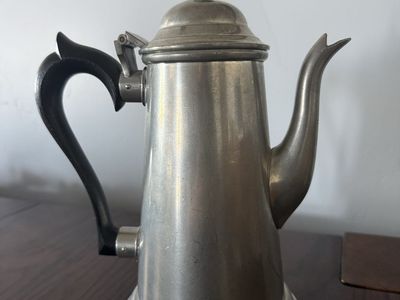 Vintage Pewter Coffee Pot / Tea Pot with Black Wooden Handle - Ornate Lid