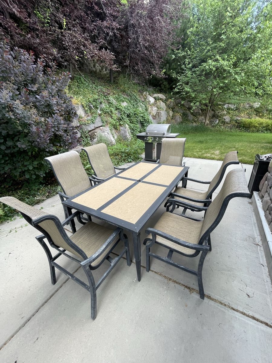 Outdoor Patio Dining Set - Table & 6 Chairs, Durable Metal Frame, Tan Mesh Fabric