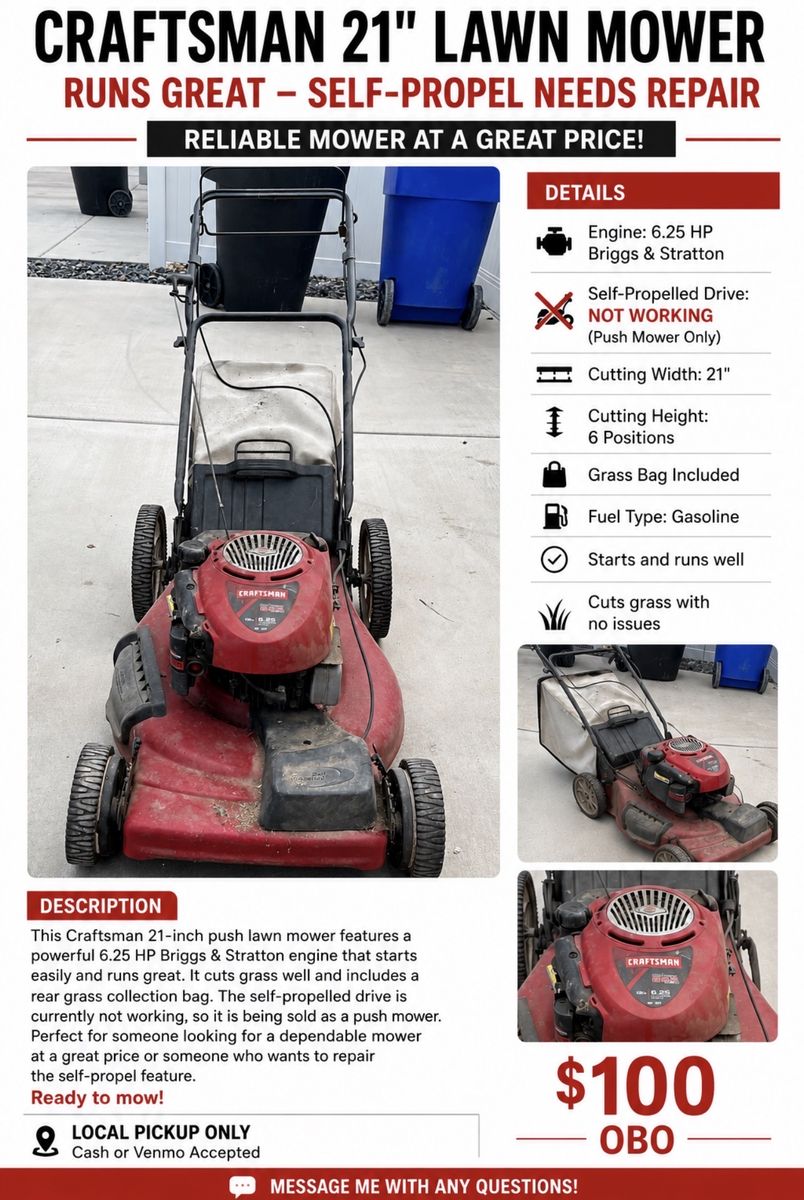 Craftsman 6.25 HP Self-Propelled Gas Lawn Mower with Bagging Capability, Red