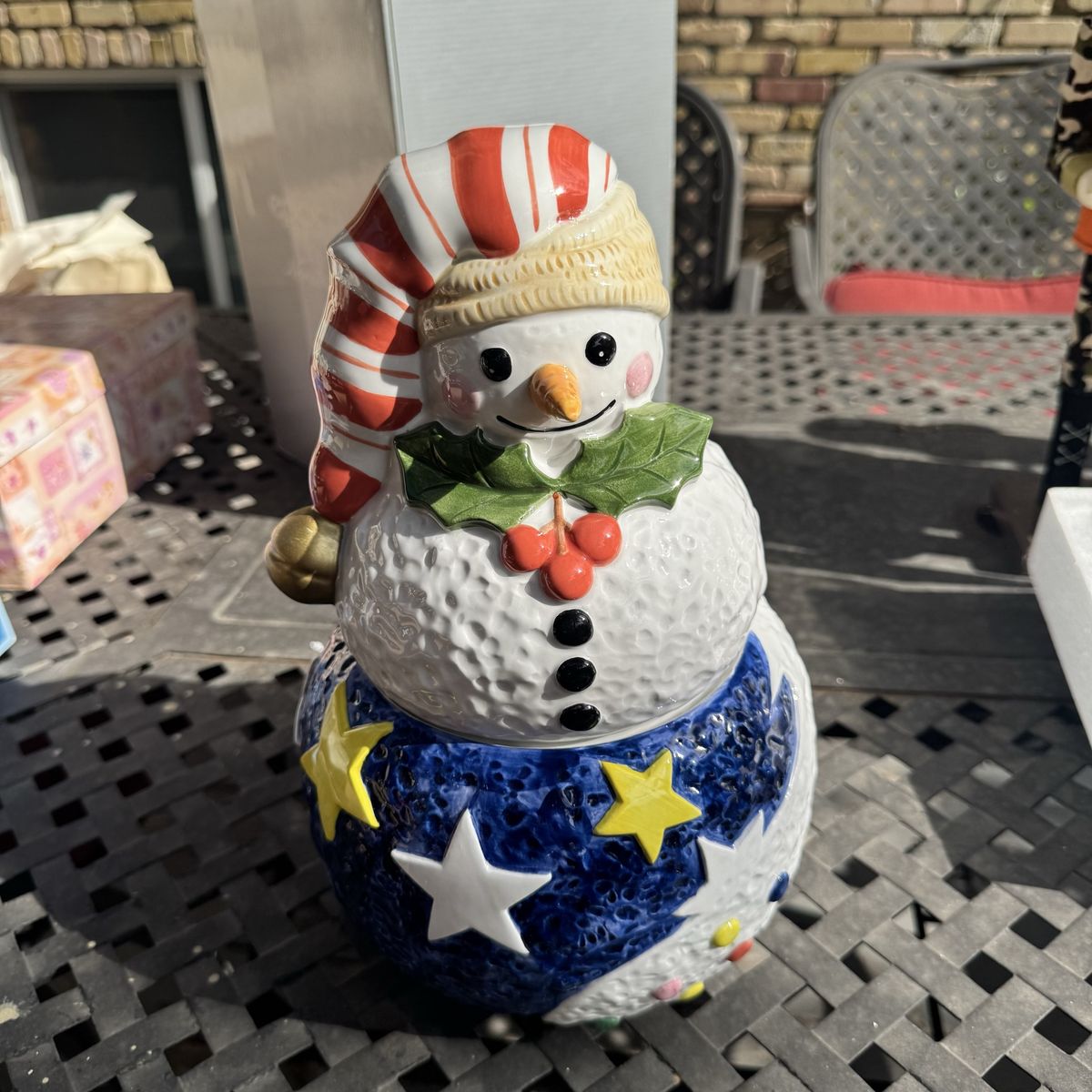 Epoch Ceramic Snowman Cookie Jar with Stars and Candy Cane Hat
