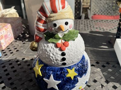 Epoch Ceramic Snowman Cookie Jar with Stars and Candy Cane Hat