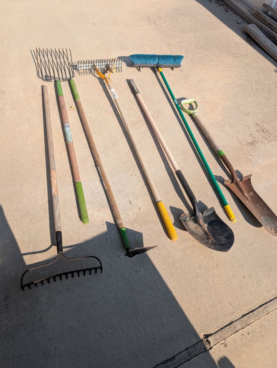 Assorted Lawn and Garden Long-Handled Tools Lot - Shovels, Rakes, Broom & Pitchfork