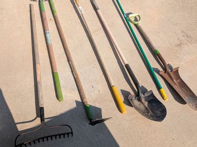 Assorted Lawn and Garden Long-Handled Tools Lot - Shovels, Rakes, Broom & Pitchfork