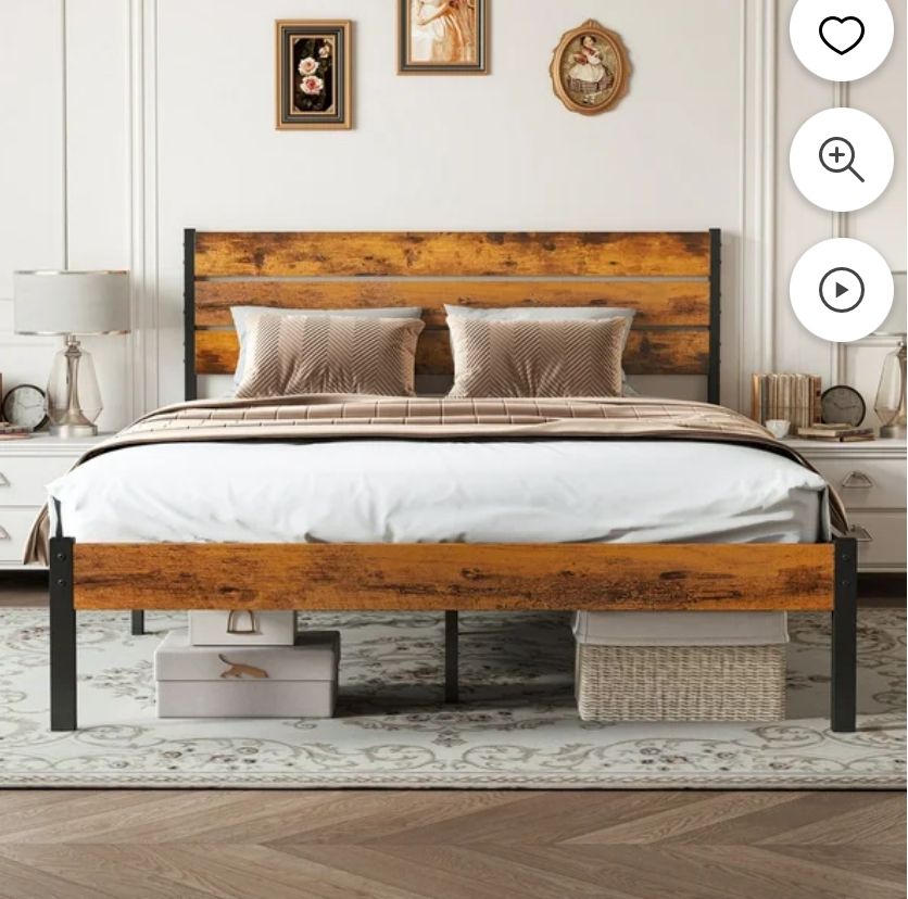 New Full Size Metal Bed Frame W/ Wooden Headboard