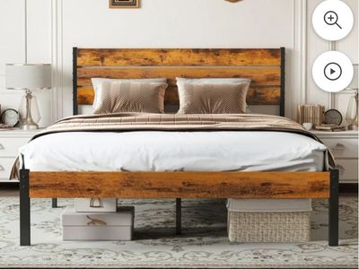 New Full Size Metal Bed Frame W/ Wooden Headboard