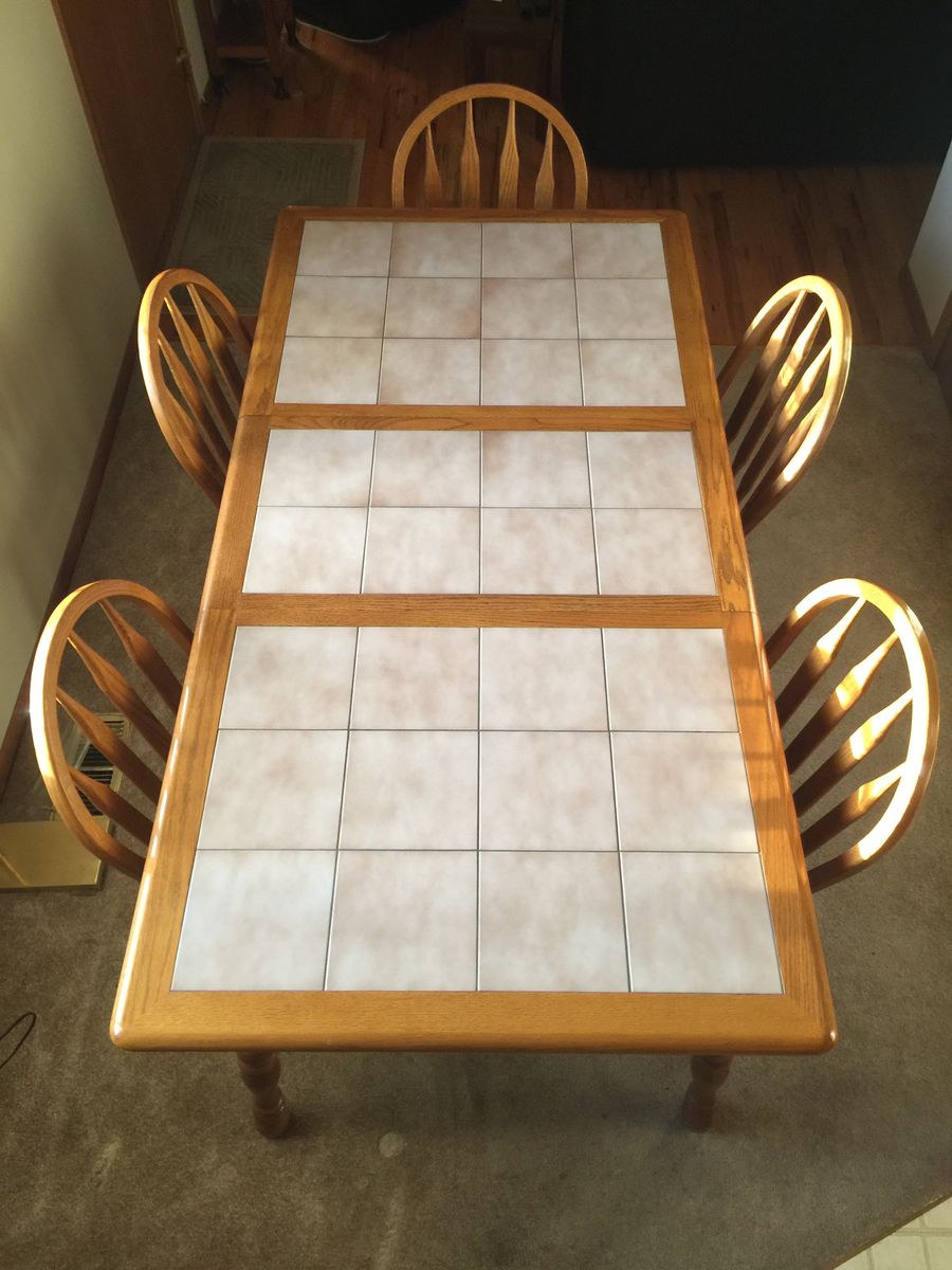 5 Piece Oak Dining Tile Top Table Set with 1 Extra Spindle Back Chair