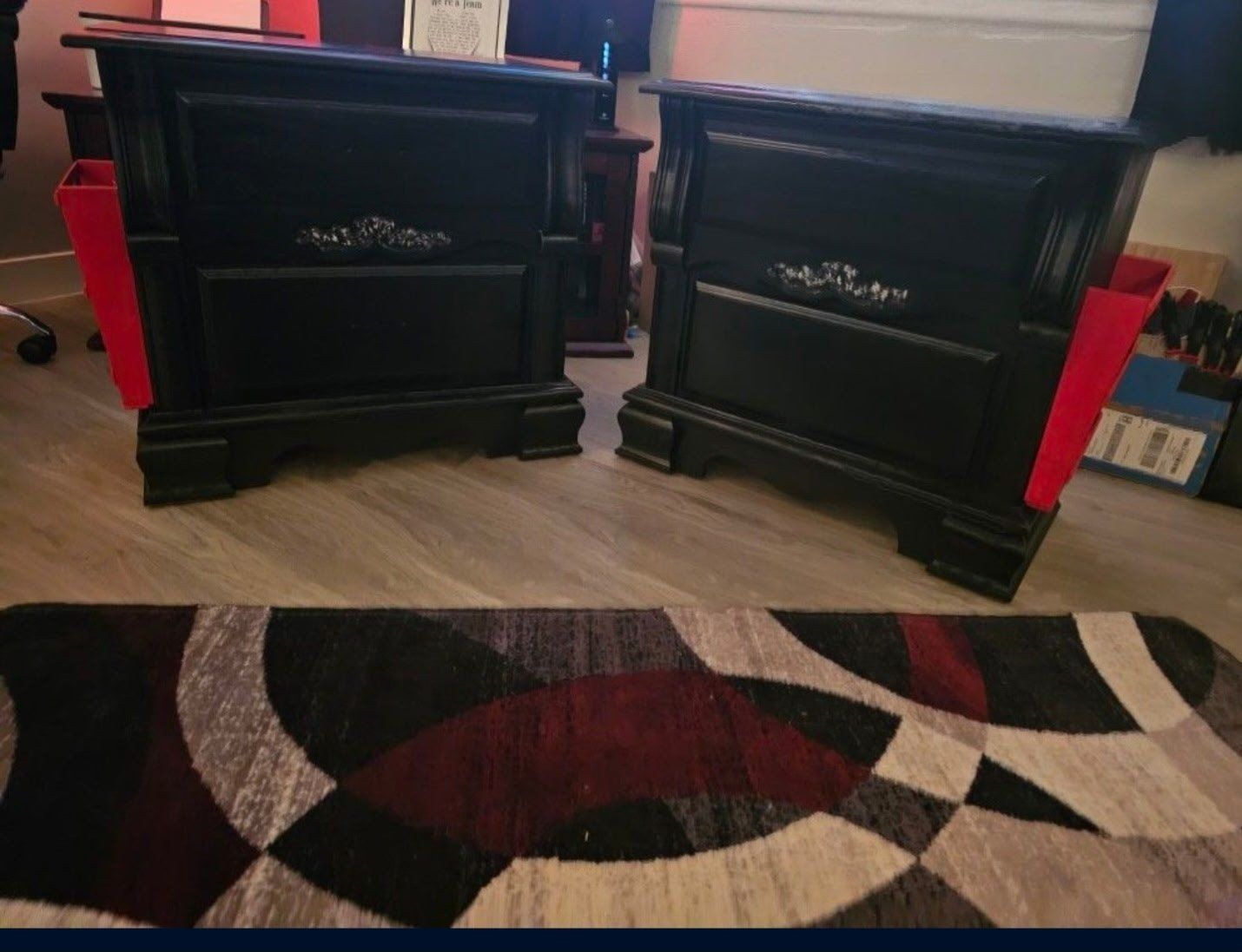 Pair of Black Nightstands with Decorative Hardware - Used Good Condition