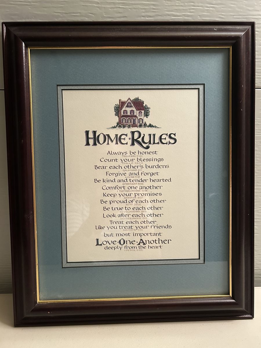 Framed “Home Rules” Wall Art – Faith-Based Family Decor - 14"W x 16"H