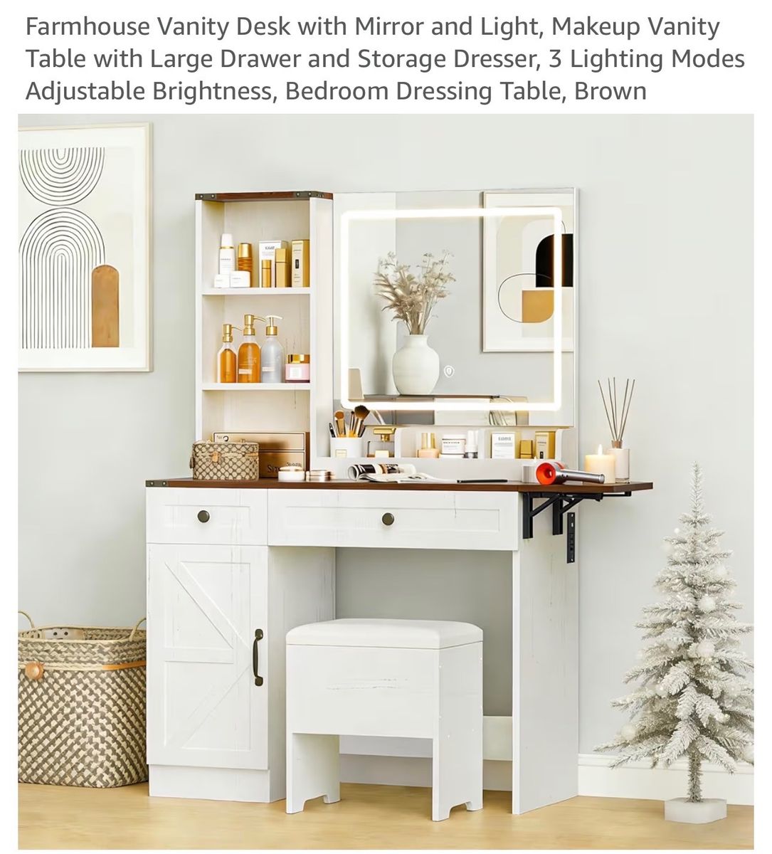 Brand new Farmhouse Vanity Desk with Dimmable LED Mirror, Large Drawer & Storage, 3 Lighting Modes, Adjustable Brightness