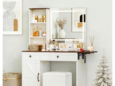Brand new Farmhouse Vanity Desk with Dimmable LED Mirror, Large Drawer & Storage, 3 Lighting Modes, Adjustable Brightness