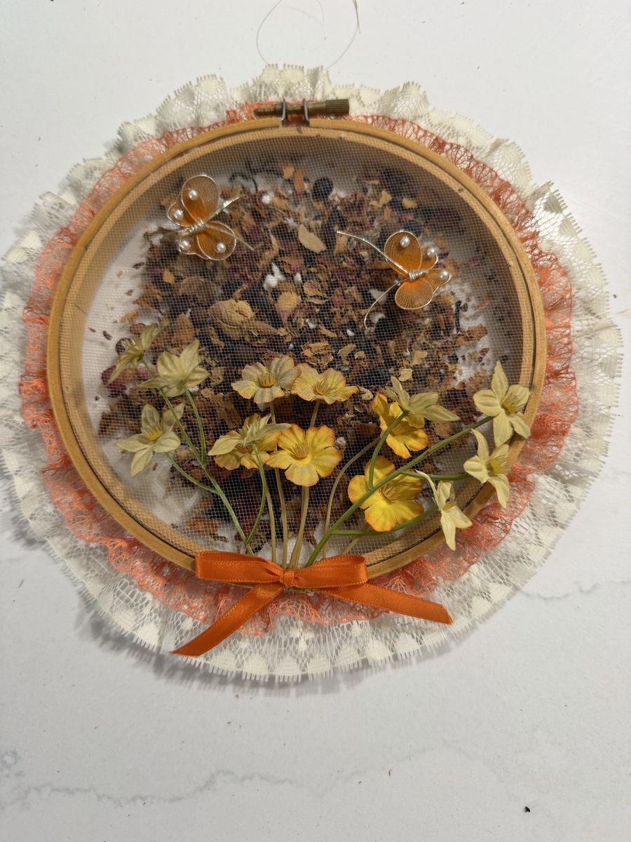 Handcrafted Floral and Butterfly Embroidered Hoop Wall Decor - Orange & Yellow, 8-inch Round