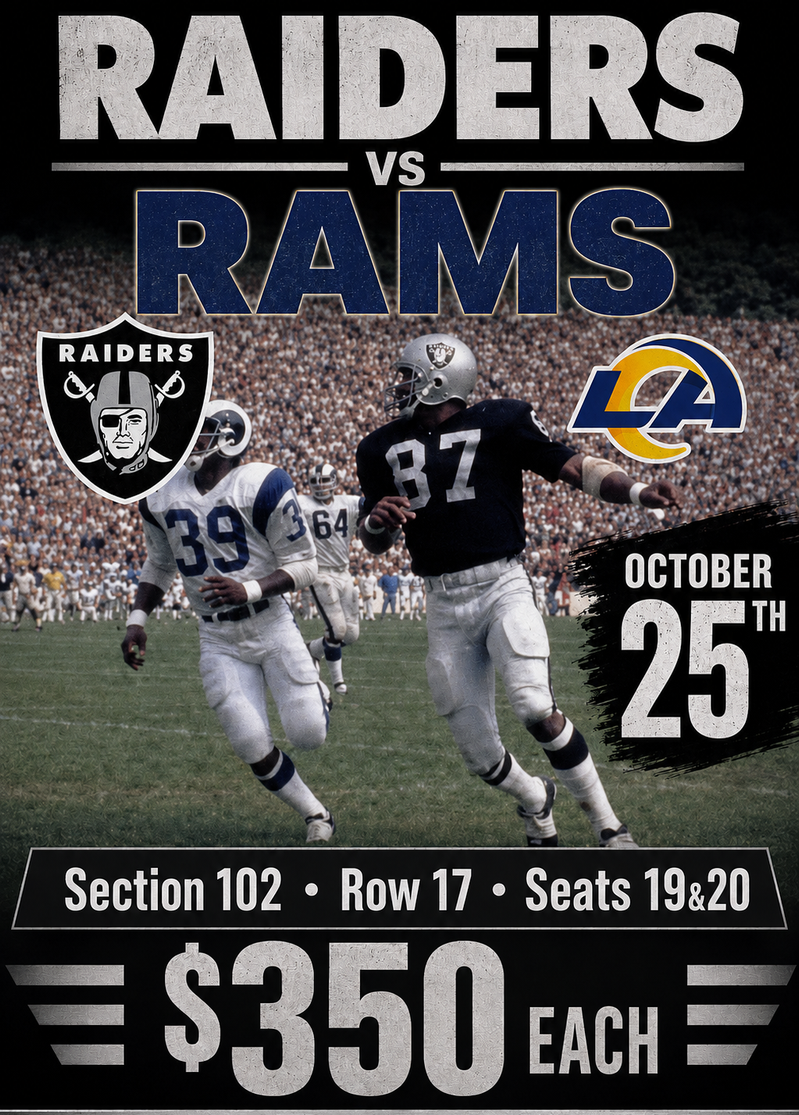 Las Vegas Raiders vs Los Angeles Rams Tickets | October 25th | Sec 102, Row 17, Seats 19 & 20