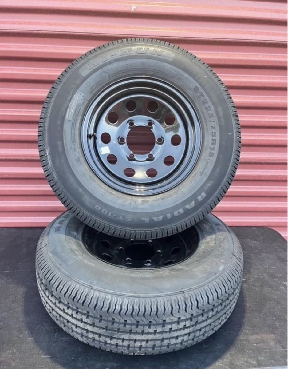 New Set of 2 ST 225/75 R 15 Trailer Tires Mounted on New Black Wheels Heavy Duty 10 Ply E Load 6 on 5.5 Pattern