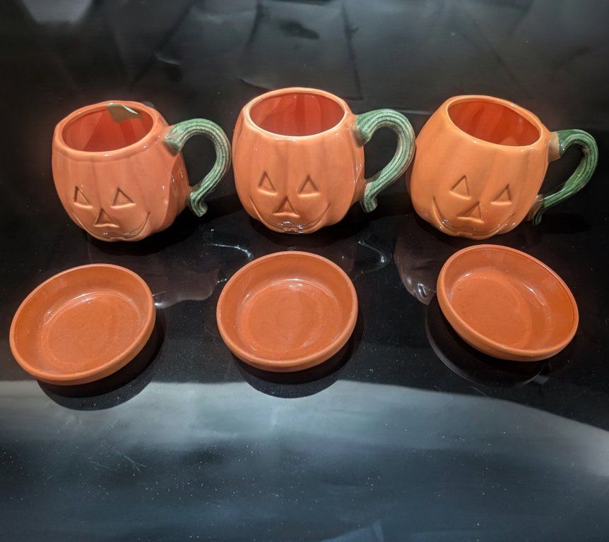 Set of 3 Halloween Jack-O'-Lantern Ceramic Pumpkin Mugs with Saucers