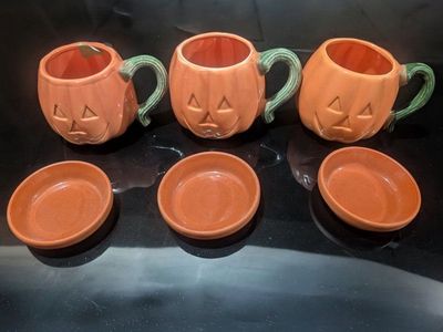 Set of 3 Halloween Jack-O'-Lantern Ceramic Pumpkin Mugs with Saucers