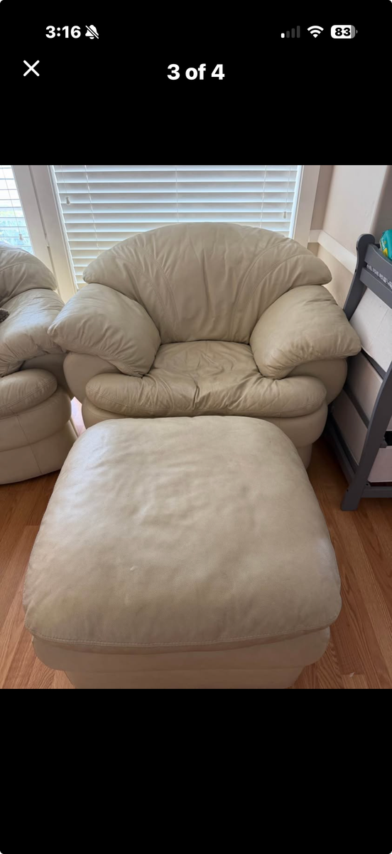 Full White Leather Couch Bundle - 3 piece + Ottoman