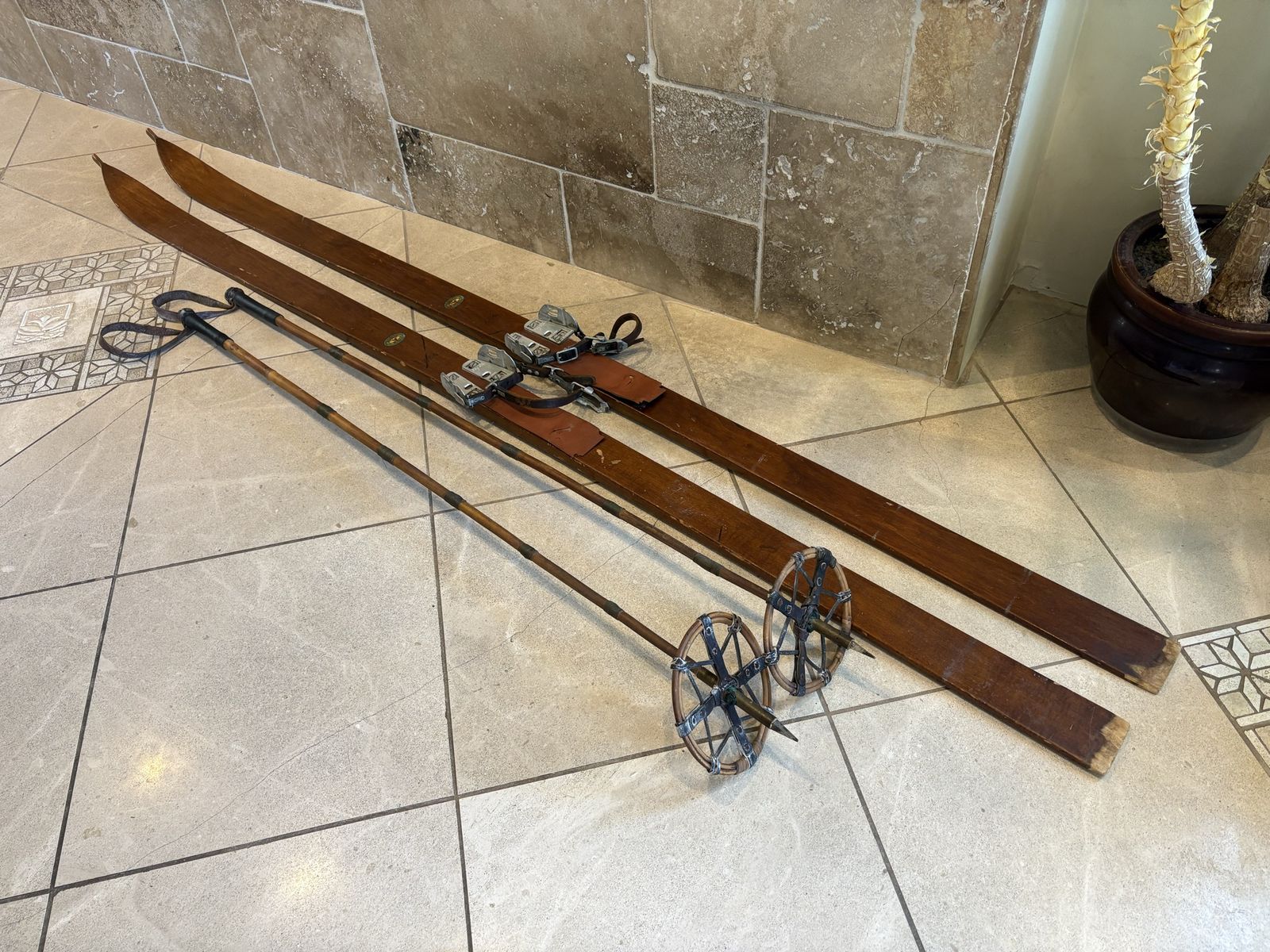 Antique Northland Wood Skis w/ Amazing Poles