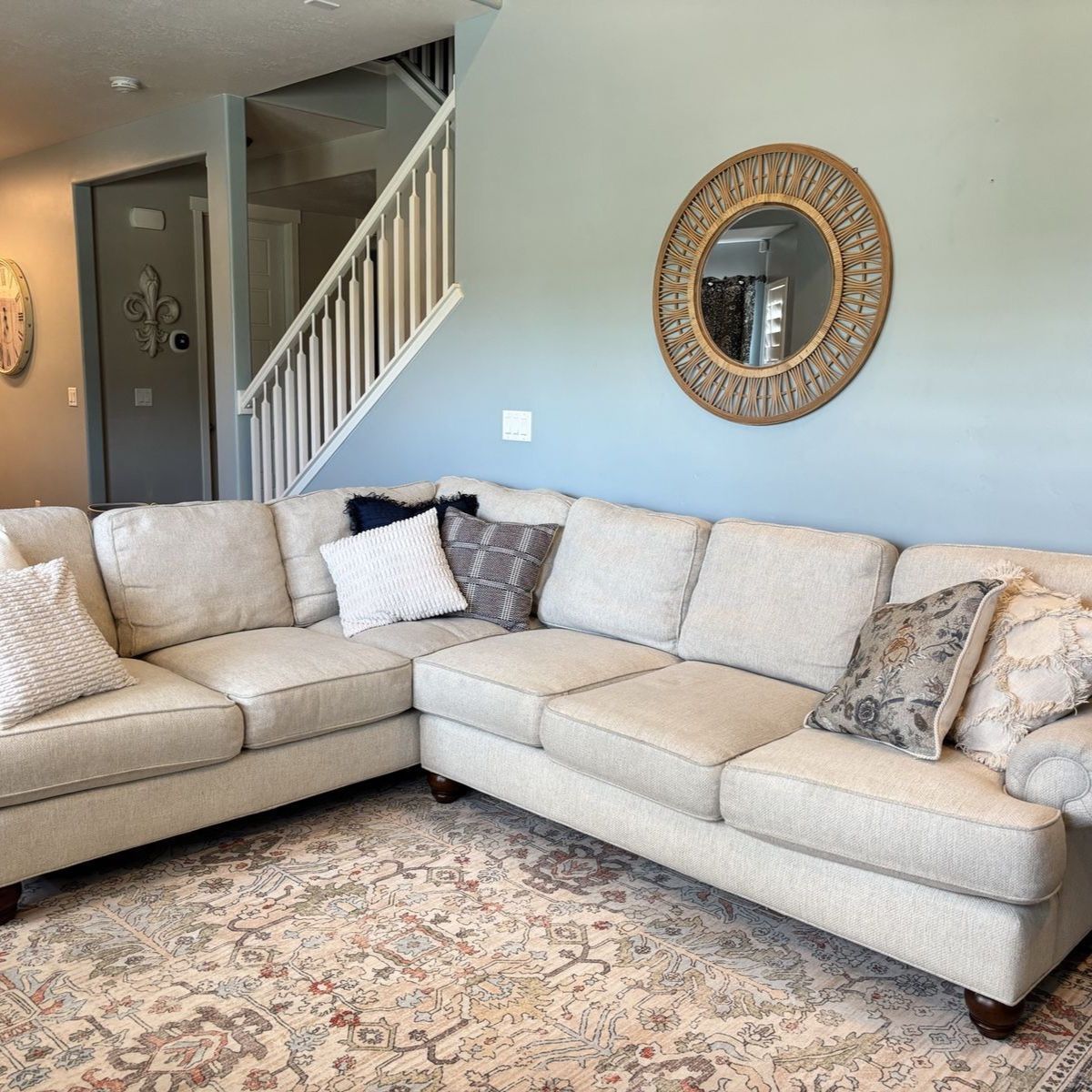 Large 2 Piece Cream-Colored Custom Sectional Couch with Rolled Arms and Wooden Feet - Good used Condition