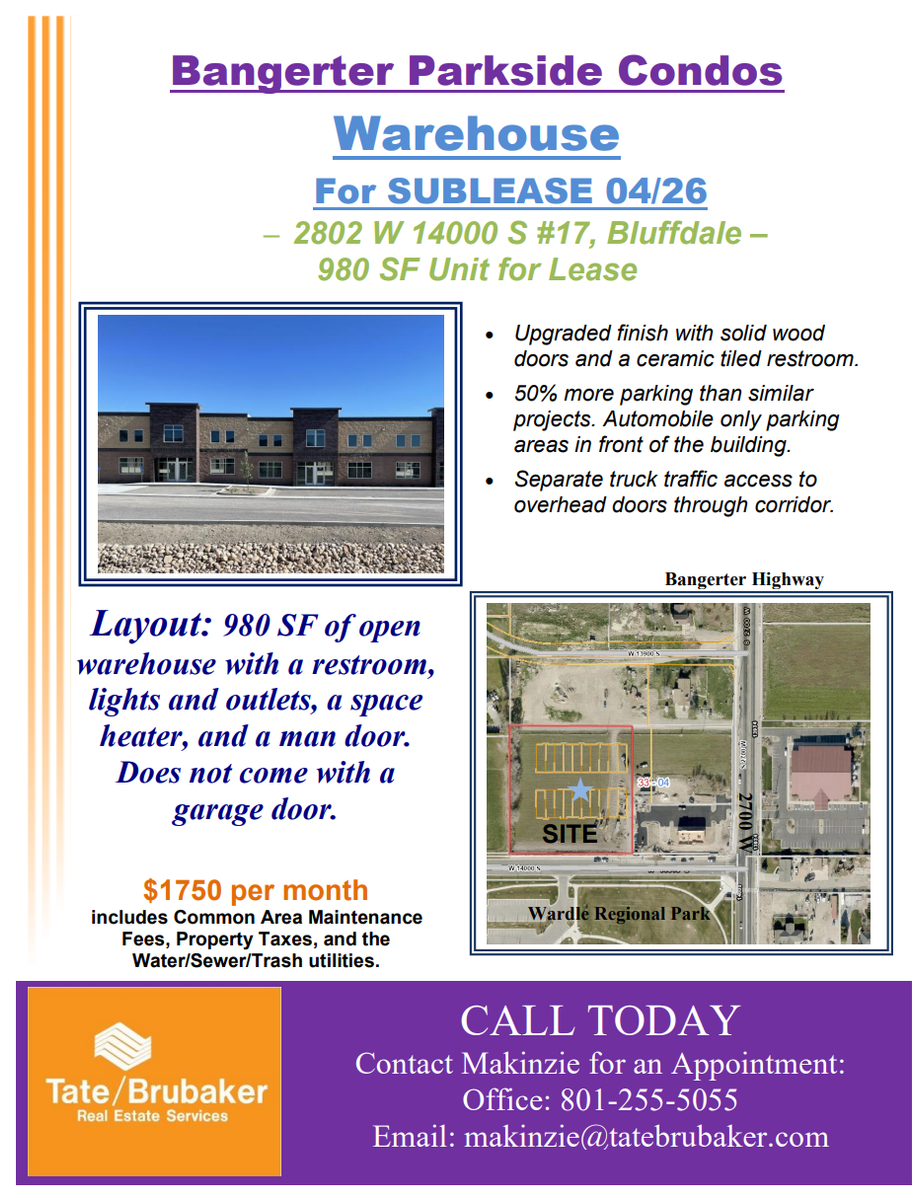 980 SF Warehouse for Sublease