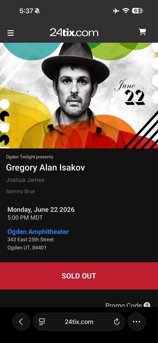 Gregory Alan Isakov Concert Ticket - June 22, 2026 at Ogden Amphitheater - SOLD OUT