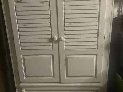 Cape Cod style 5 piece Bedroom Set with White Washed Armoire with Louvered Doors. Moving this week. Need to sale ASAP.